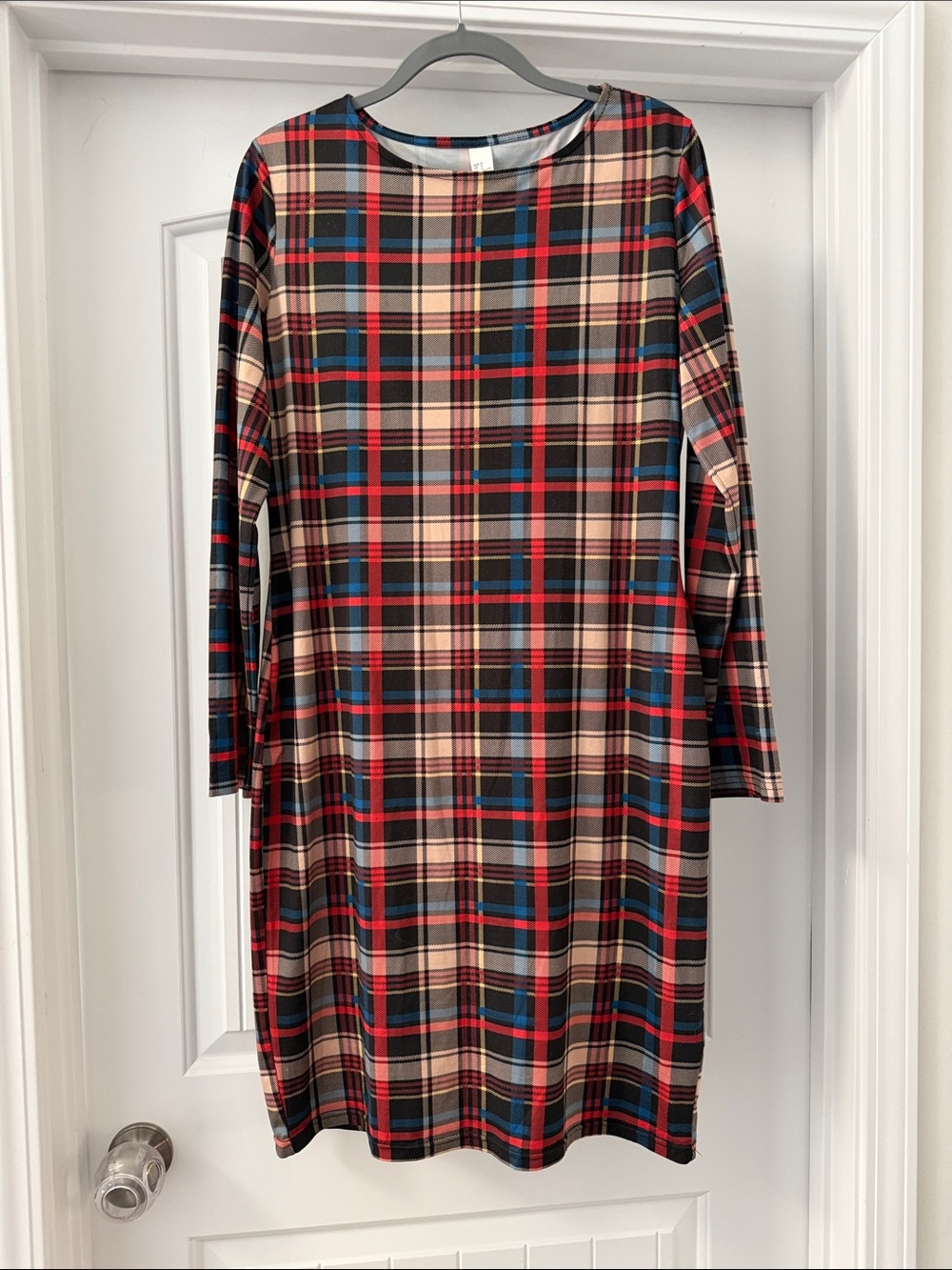 Plaid Shift Dress in Red, Black, Cream & Blue